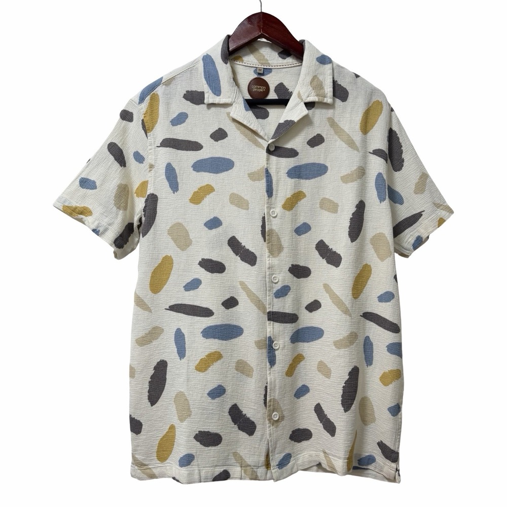 Common People Mens Contour Abstract Short Sleeve Button Up Shirt Size M Ivory